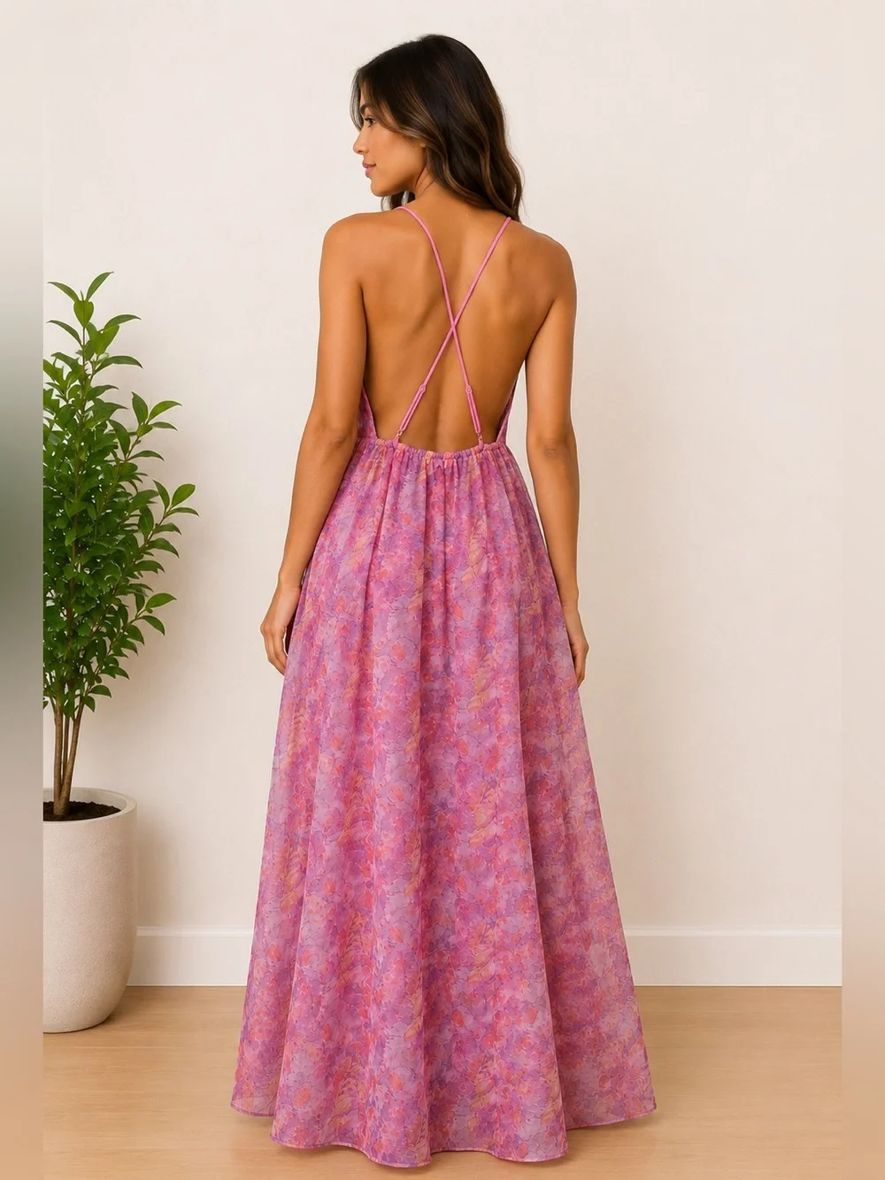 Lulus Pink Watercolor Open Back Maxi Dress Size M NWT Formal Prom Wedding Guest - Picture 2 of 5
